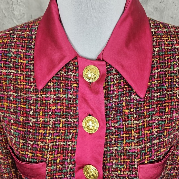 Ruty Paris Made in France Bouclé Tweed Blazer Pink Satin Trim Gold‎ Buttons 44 - Picture 3 of 15